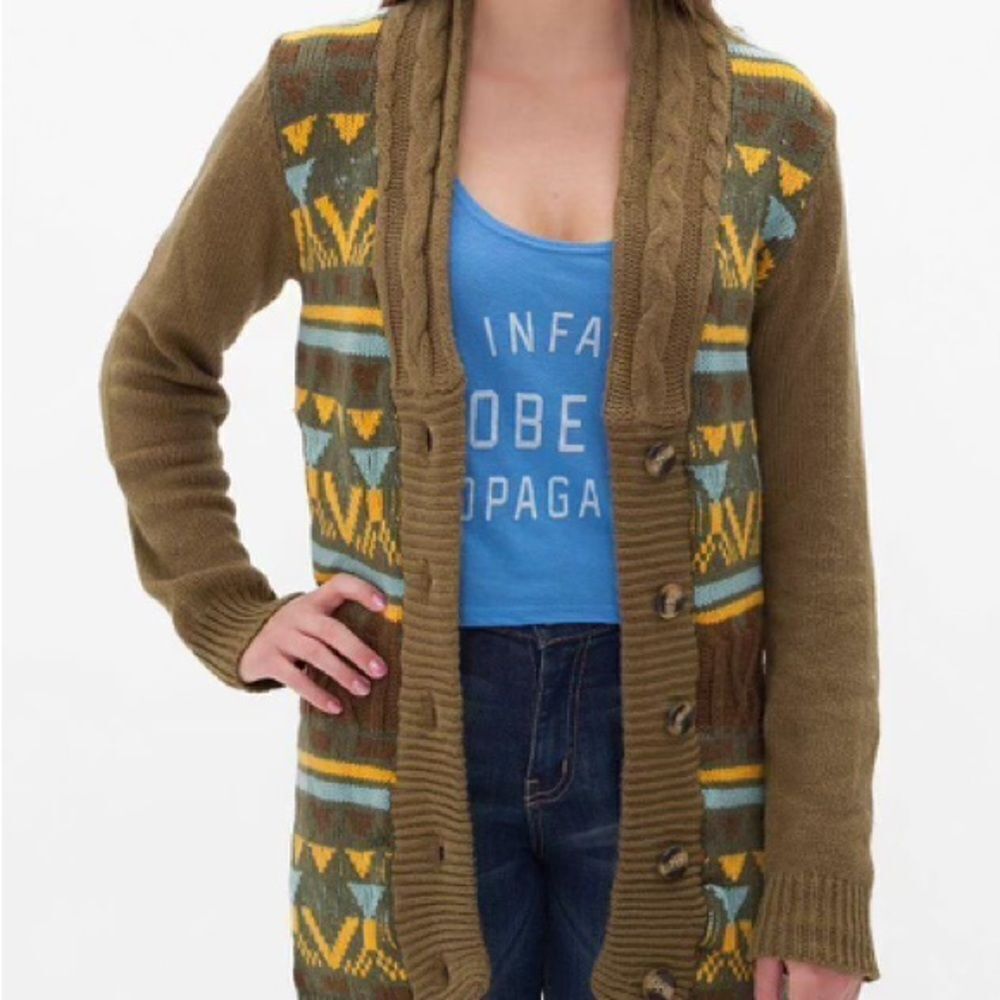 BKE Buckle Sweater Womens Large‎ Brown Mustard Button Up Cardigan Bohemian Knit
